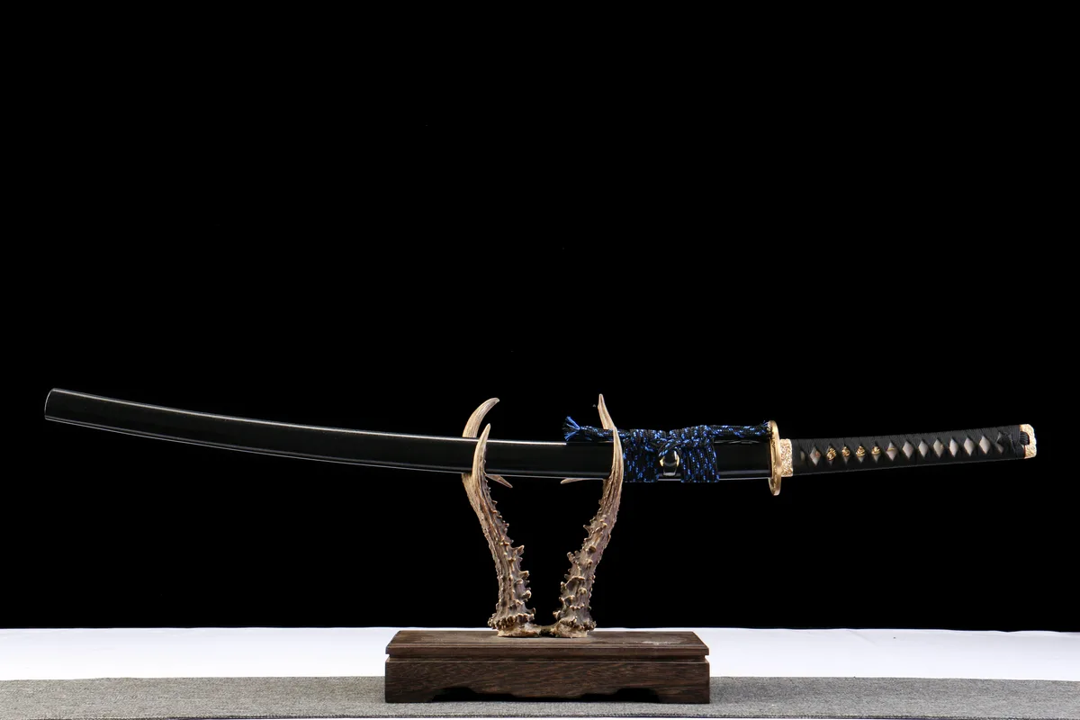 Schwarzgold Blaue Seide - Handgeschmiedetes Katana aus T10 Werkzeugstahl